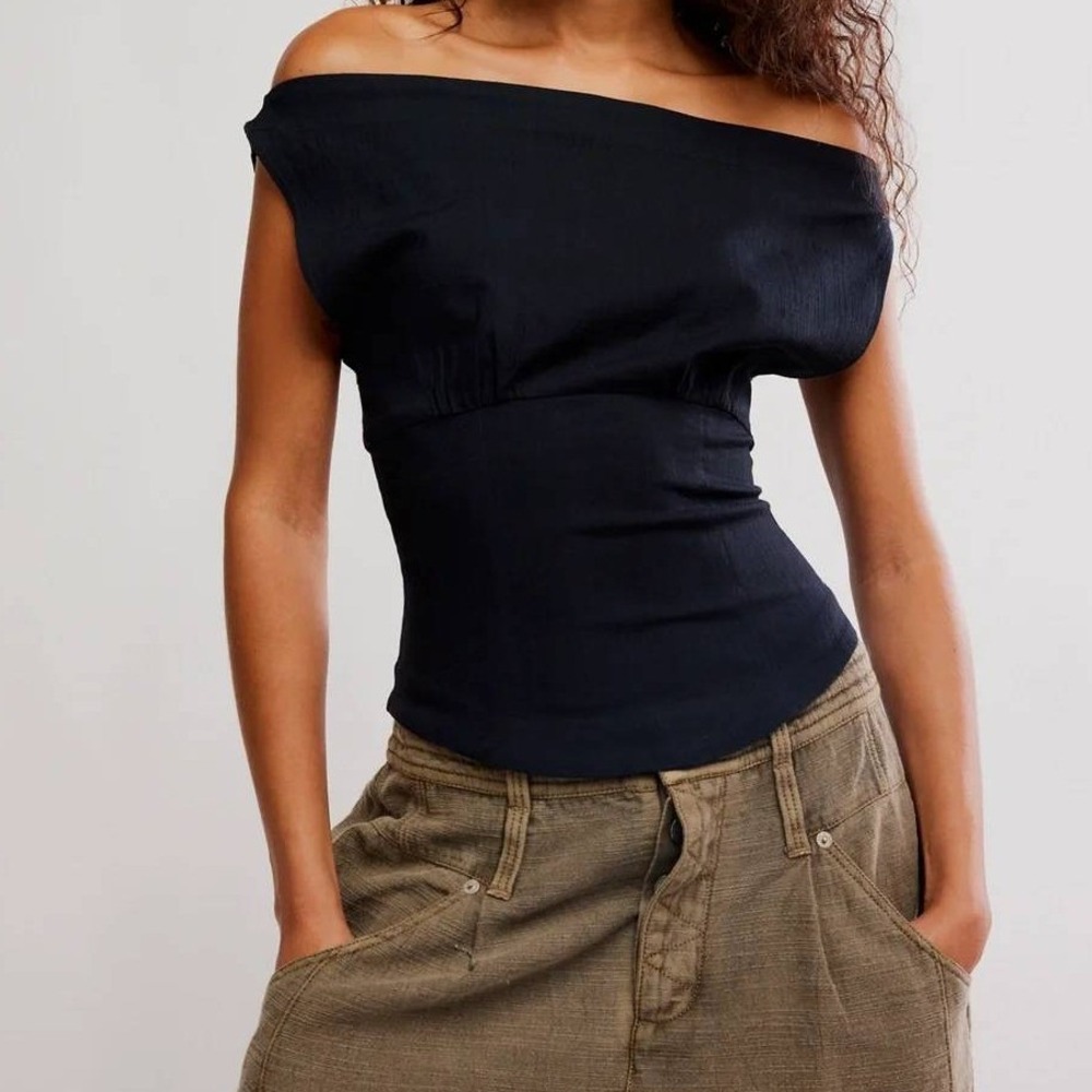 Free People Harper Black Off Shoulder Top Corset Front Seam Womens Medium